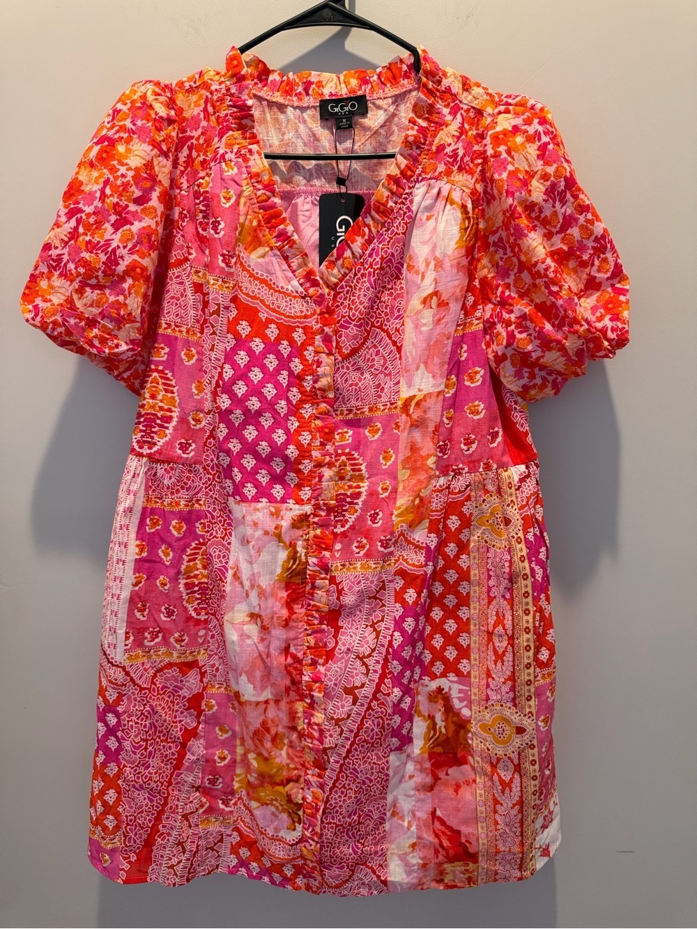 Gigio Cotton Patchwork Puff Sleeve Pink V-Neck Mini Dress - Picture 3 of 7
